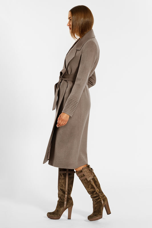 Sentaler Long Wide Notched Collar Wrap Coat crafted in Baby Alpaca wool and in Warm Taupe. Seen from side on female model.