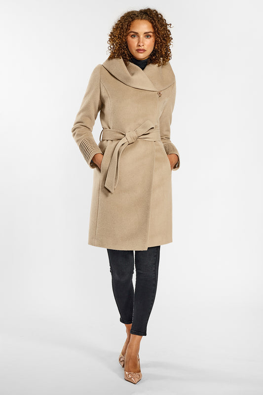 Sentaler Mid Length Hooded Wrap Coat crafted in Baby Alpaca wool and in Camel. Seen from front on female model.