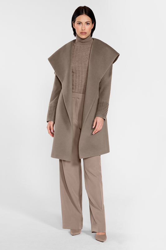 Sentaler Mid Length Hooded Wrap Coat featured in Baby Alpaca and available in Warm Taupe. Seen from front on female model who is wearing the coat open.