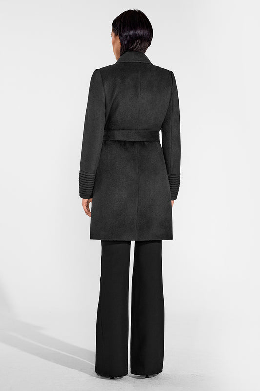 Sentaler Mid Length Notched Collar Wrap Coat featured in Baby Alpaca and available in Black. Seen from back on female model who is wearing the coat belted.