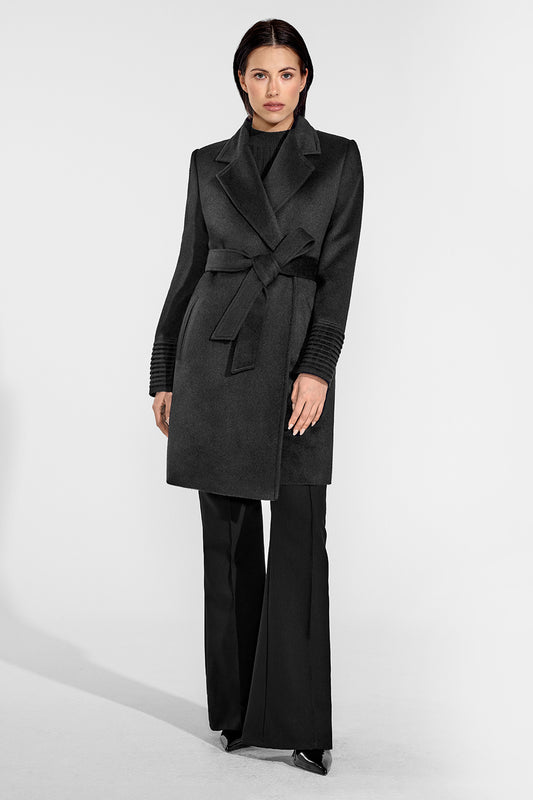 Sentaler Mid Length Notched Collar Wrap Coat featured in Baby Alpaca and available in Black. Seen from front on female model who is wearing the coat belted.