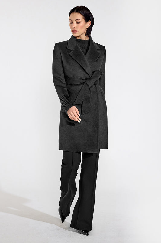 Sentaler Mid Length Notched Collar Wrap Coat featured in Baby Alpaca and available in Black. Seen from front on female model who is wearing the coat belted.