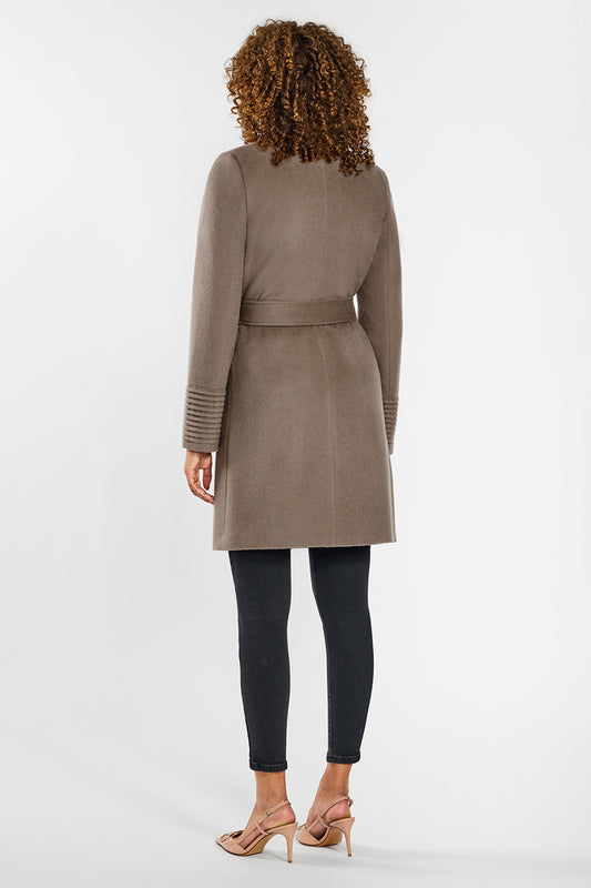 Sentaler Mid Length Notched Collar Wrap Coat crafted in Baby Alpaca wool and in Warm Taupe. Seen from back on female model.