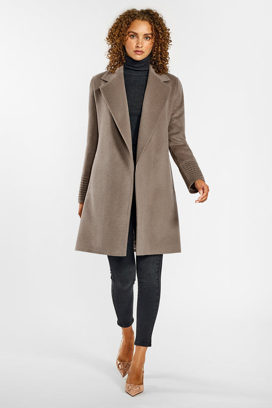 Sentaler Mid Length Notched Collar Wrap Coat crafted in Baby Alpaca wool and in Warm Taupe. Seen from front open on female model.