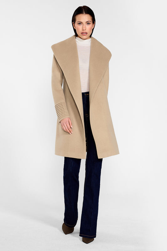 Sentaler Mid Length Shawl Collar Wrap Coat featured in Baby Alpaca and available in Camel. Seen from front on female model who is wearing the coat open.