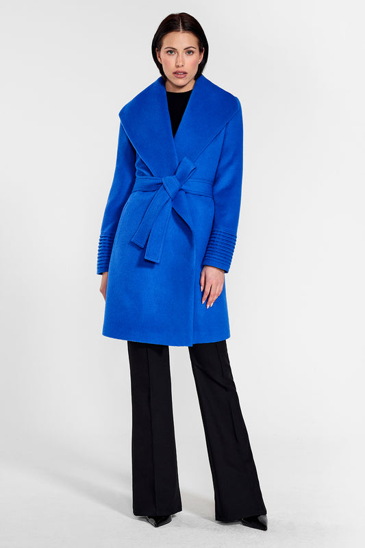 Sentaler Mid Length Shawl Collar Wrap Coat crafted in Baby Alpaca wool and in Cobalt Blue. Seen from front on female model.