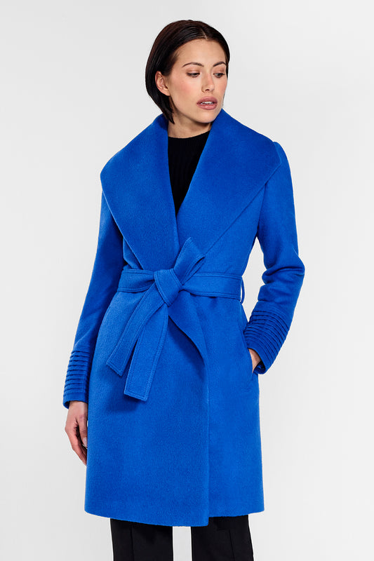 Sentaler Mid Length Shawl Collar Wrap Coat crafted in Baby Alpaca wool and in Cobalt Blue. Seen from front above the knees on female model.