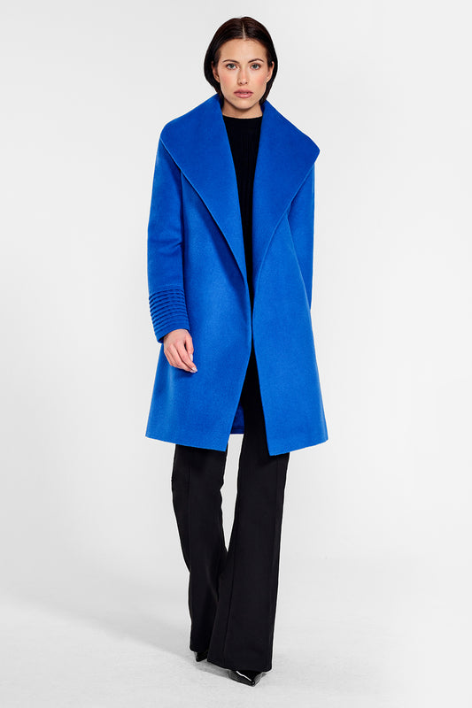 Sentaler Mid Length Shawl Collar Wrap Coat crafted in Baby Alpaca wool and in Cobalt Blue. Seen from front open on female model.