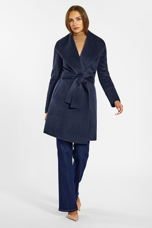Sentaler Mid Length Shawl Collar Wrap Coat crafted in Baby Alpaca wool and in Deep Navy. Seen from front on female model.