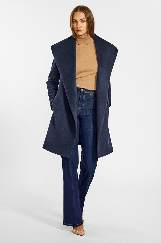 Sentaler Mid Length Shawl Collar Wrap Coat crafted in Baby Alpaca wool and in Deep Navy. Seen from front open on female model.