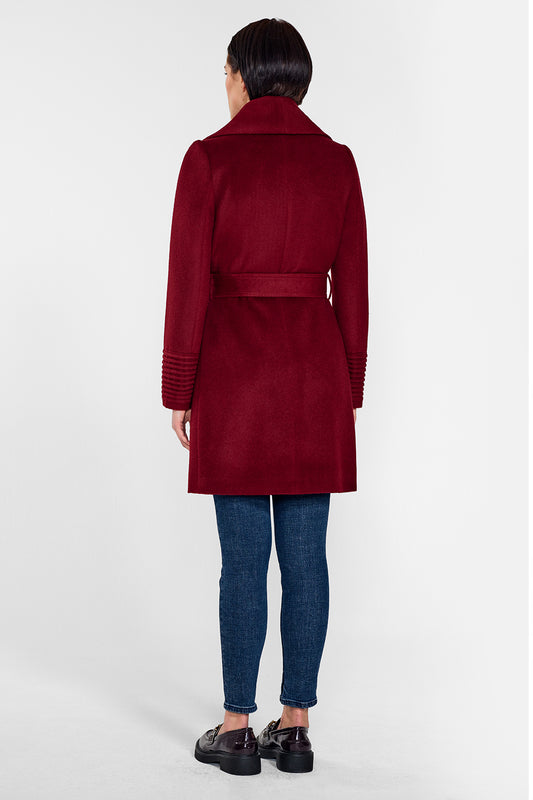 Sentaler Mid Length Shawl Collar Wrap Coat featured in Baby Alpaca and available in Garnet Red. Seen from back on female model who is wearing the coat belted.