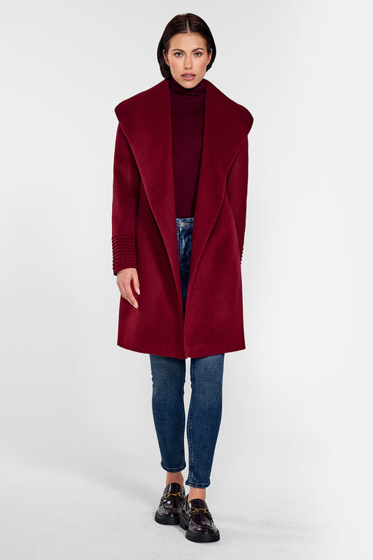 Sentaler Mid Length Shawl Collar Wrap Coat featured in Baby Alpaca and available in Garnet Red. Seen from front on female model who is wearing the coat open.