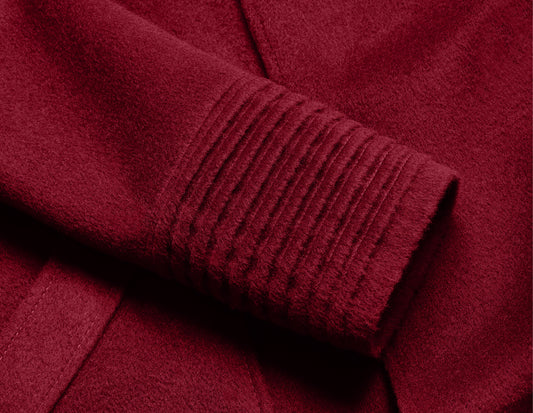 Sentaler 2021 Gift Guide featuring Close Up of Women's Garnet Red Coat.