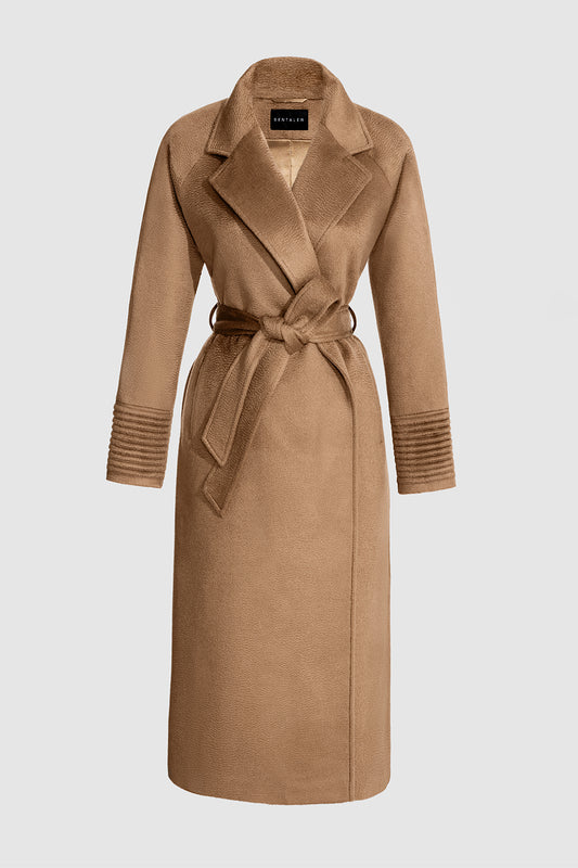 Sentaler Suri Alpaca Long Notched Collar Raglan Sleeve Wrap Coat featured in Suri Alpaca and available in Dark Camel. Seen as off figure belted.