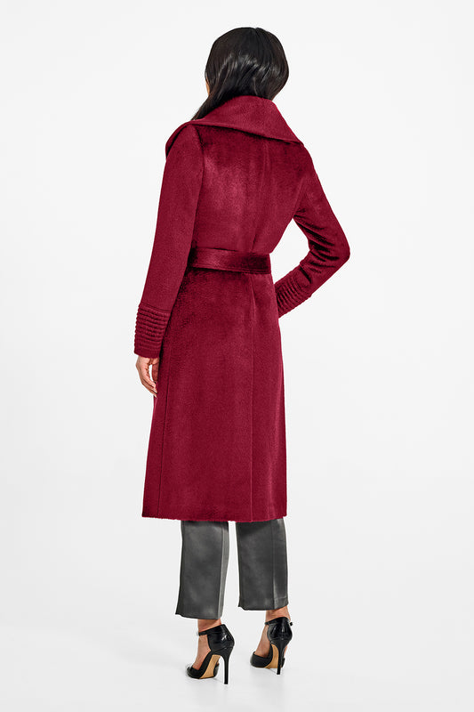 Sentaler Suri Alpaca Long Shawl Collar Wrap Bordeaux Coat in Suri Alpaca wool. Seen from back belted on female model.