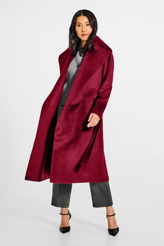 Sentaler Suri Alpaca Long Shawl Collar Wrap Bordeaux Coat in Suri Alpaca wool. Seen from front open on female model.