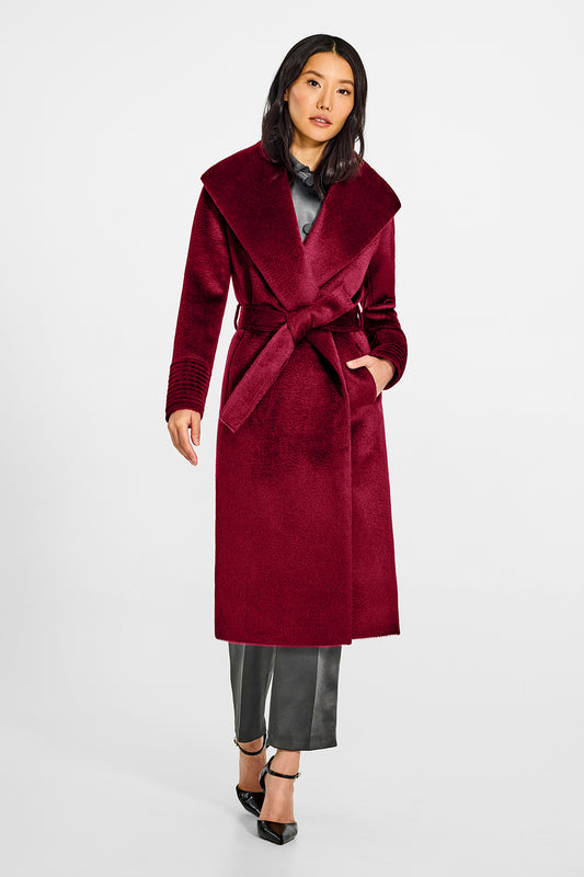 Sentaler Suri Alpaca Long Shawl Collar Wrap Bordeaux Coat in Suri Alpaca wool. Seen from front belted on female model.