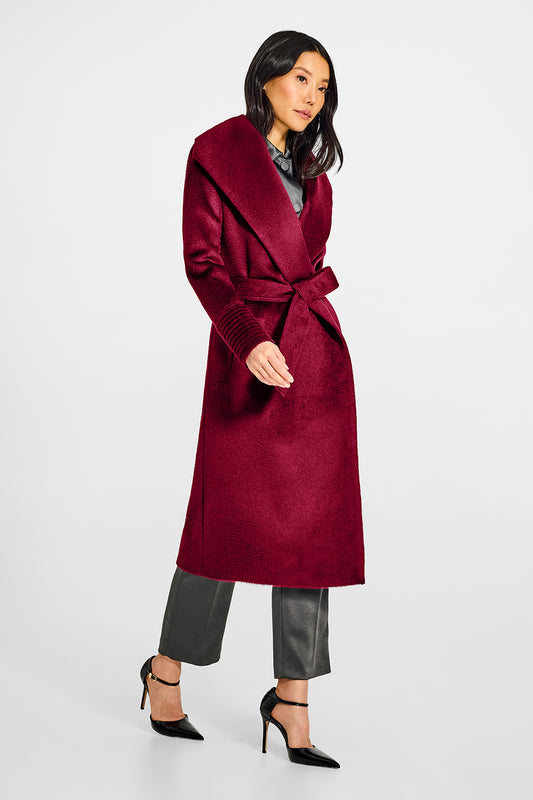 Sentaler Suri Alpaca Long Shawl Collar Wrap Bordeaux Coat in Suri Alpaca wool. Seen from side belted on female model.