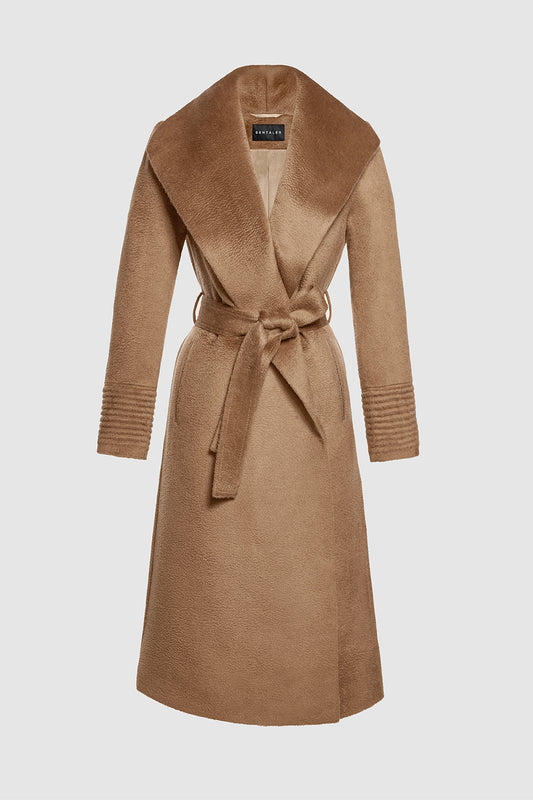 Sentaler Suri Alpaca Long Shawl Collar Wrap Coat featured in Suri Alpaca and available in Dark Camel. Seen as off figure belted.