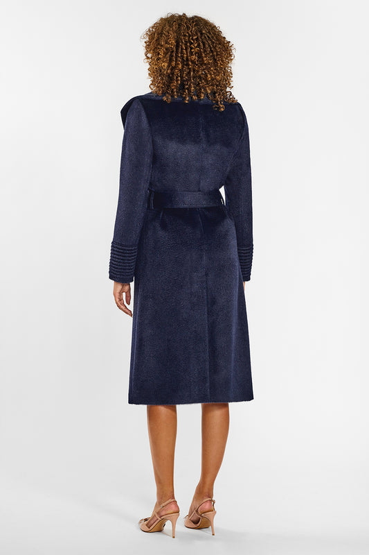 Sentaler Suri Alpaca Long Shawl Collar Wrap Coat crafted in Suri Alpaca wool and in Deep Navy. Seen from back on female model.