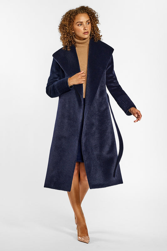 Sentaler Suri Alpaca Long Shawl Collar Wrap Coat crafted in Suri Alpaca wool and in Deep Navy. Seen from front open on female model.