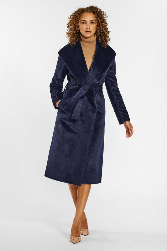 Sentaler Suri Alpaca Long Shawl Collar Wrap Coat crafted in Suri Alpaca wool and in Deep Navy. Seen from front on female model.