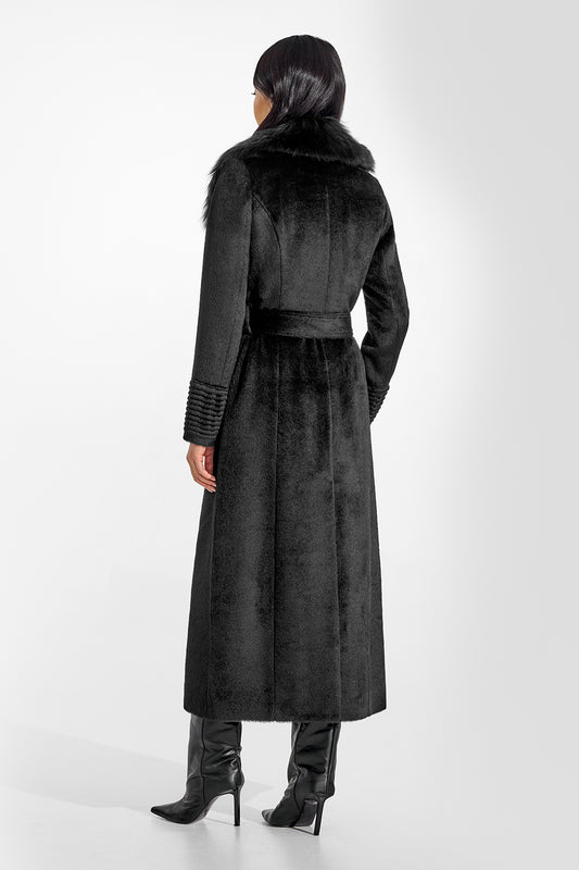 Sentaler Suri Alpaca Maxi Black Coat with Fur Collar in Suri Alpaca wool. Seen from back belted on female model.