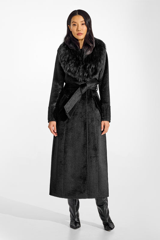 Sentaler Suri Alpaca Maxi Black Coat with Fur Collar in Suri Alpaca wool. Seen from front belted on female model.