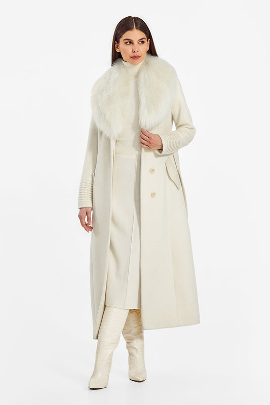 Sentaler Suri Alpaca Maxi Ivory Coat with Fur Collar in Suri Alpaca wool. Seen from front open on female model.