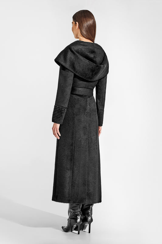 Sentaler Suri Alpaca Maxi Hooded Wrap Black Coat in Suri Alpaca wool. Seen from back belted on female model.