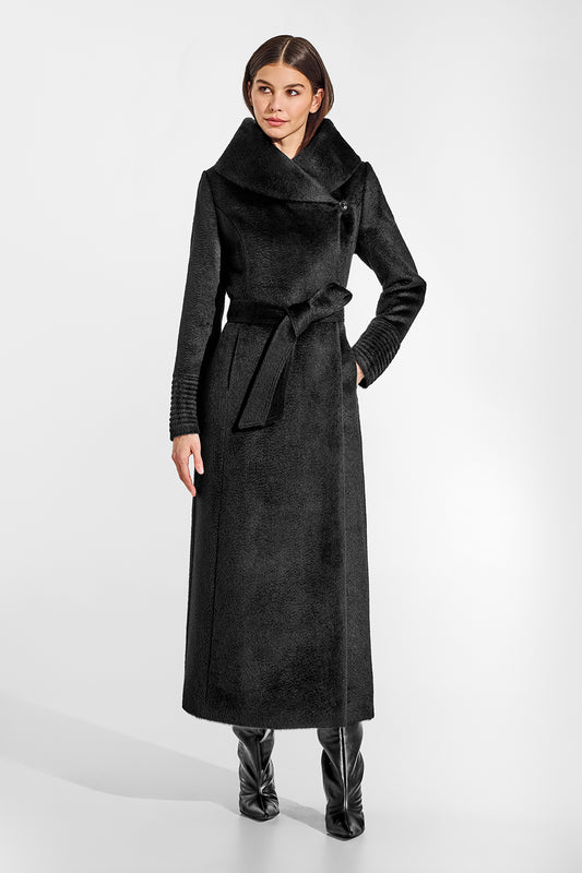 Sentaler Suri Alpaca Maxi Hooded Wrap Black Coat in Suri Alpaca wool. Seen from front belted on female model.