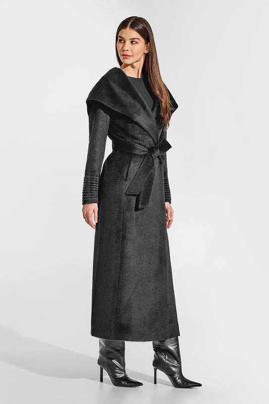 Sentaler Suri Alpaca Maxi Hooded Wrap Black Coat in Suri Alpaca wool. Seen from side belted on female model.