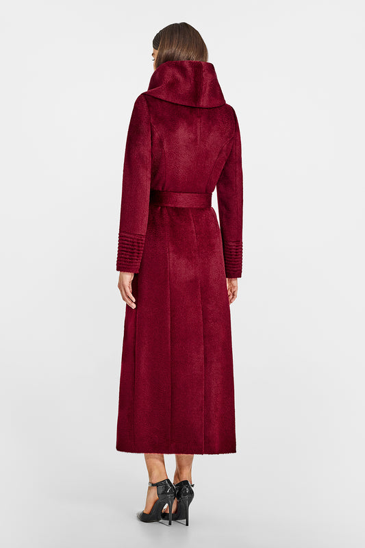 Sentaler Suri Alpaca Maxi Hooded Wrap Bordeaux Coat in Suri Alpaca wool. Seen from back belted on female model.