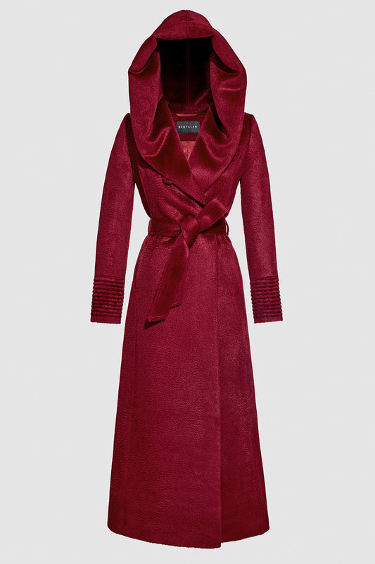 Sentaler Suri Alpaca Maxi Hooded Wrap Bordeaux Coat in Suri Alpaca wool. Seen as belted off figure with hood.