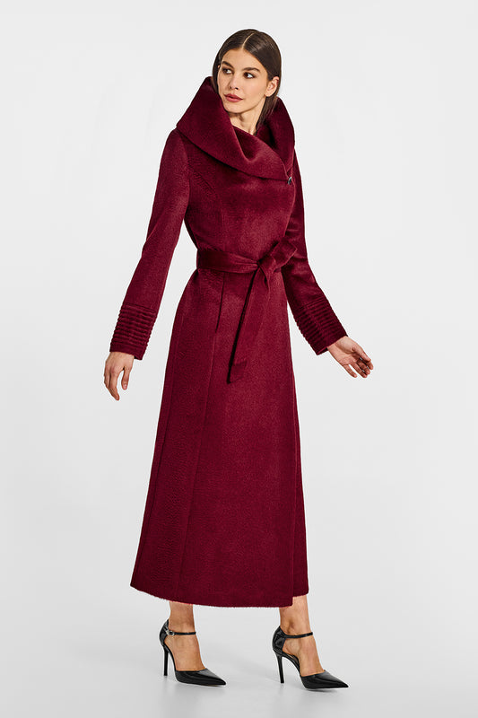Sentaler Suri Alpaca Maxi Hooded Wrap Bordeaux Coat in Suri Alpaca wool. Seen from side belted on female model.