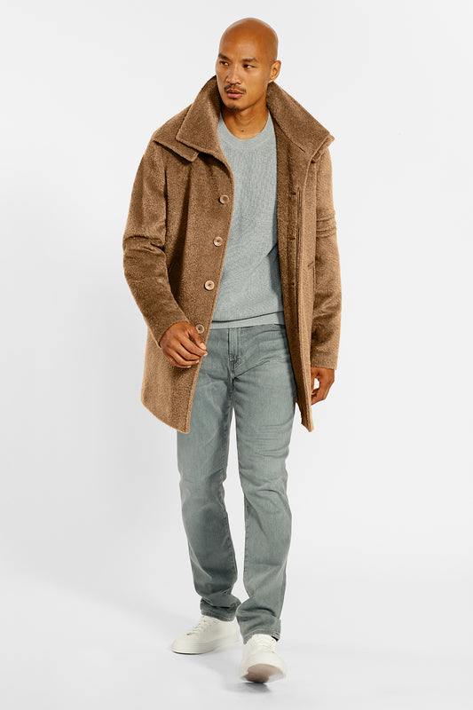 Sentaler Technical Bouclé Alpaca Double Collar Topcoat crafted in Technical Bouclé Alpaca and available in Dark Camel. Seen from front open on male model.