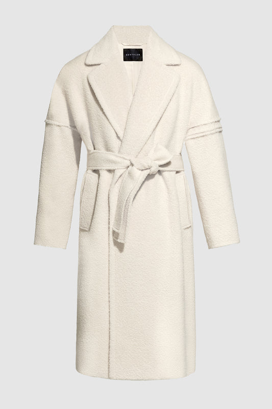 Sentaler Technical Bouclé Alpaca Robe Coat featured in Technical Bouclé Alpaca and available in Ivory White. Seen as off figure belted.