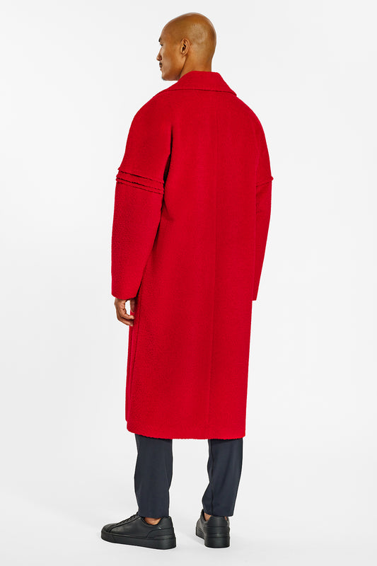 Sentaler Technical Bouclé Alpaca Robe Coat crafted in Technical Bouclé Alpaca and available in Red. Seen from back on male model.