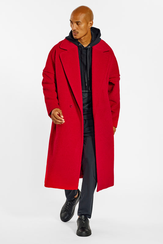 Sentaler Technical Bouclé Alpaca Robe Coat crafted in Technical Bouclé Alpaca and available in Red. Seen from front open on male model.