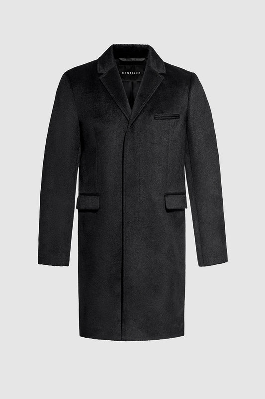 Sentaler Technical Suri Alpaca Notched Lapel Overcoat featured in Technical Suri Alpaca and available in Black. Seen as off figure.