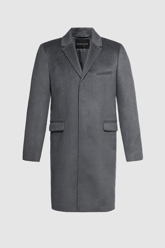 Sentaler Technical Suri Alpaca Notched Lapel Overcoat featured in Technical Suri Alpaca and available in Bold Graphite Grey. Seen as off figure.