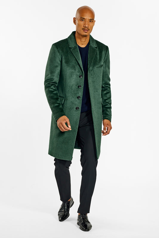 Sentaler Technical Suri Alpaca Notched Lapel Overcoat crafted in Technical Suri Alpaca and available in Deep Emerald. Seen from front open on male model.