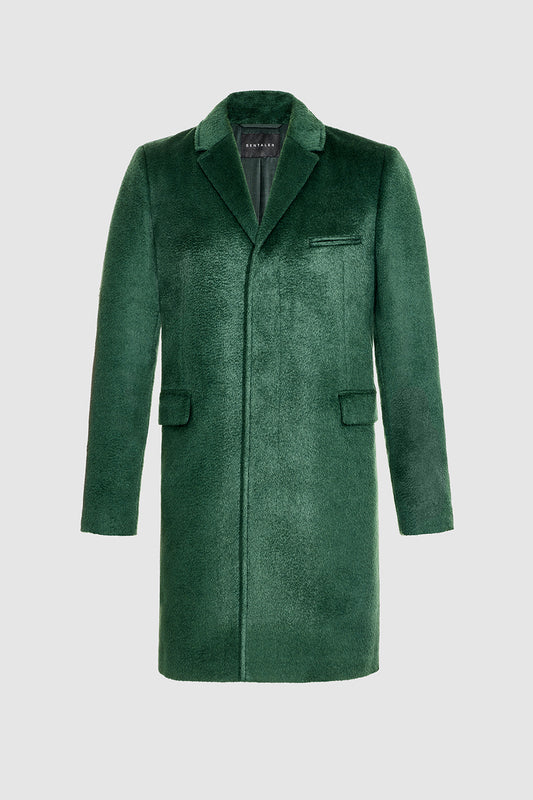 Sentaler Technical Suri Alpaca Notched Lapel Overcoat crafted in Technical Suri Alpaca and available in Deep Emerald. Seen as off figure.