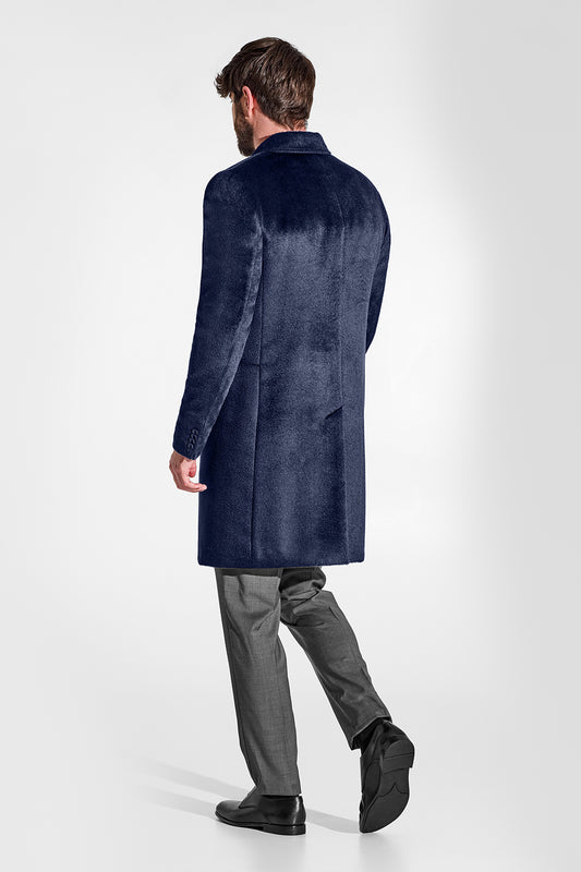 Sentaler Suri Alpaca Notched Lapel Deep Navy Overcoat in Technical Suri Alpaca wool. Seen from back on male model.