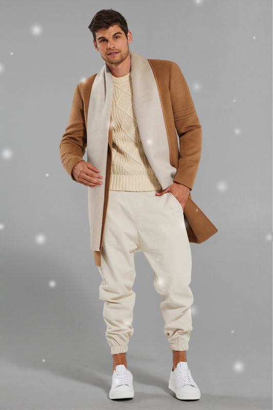 Sentaler Technical Baby Alpaca Notched Lapel Overcoat featured in Technical Baby Alpaca and available in Dark Camel. Seen from front with snow effect.