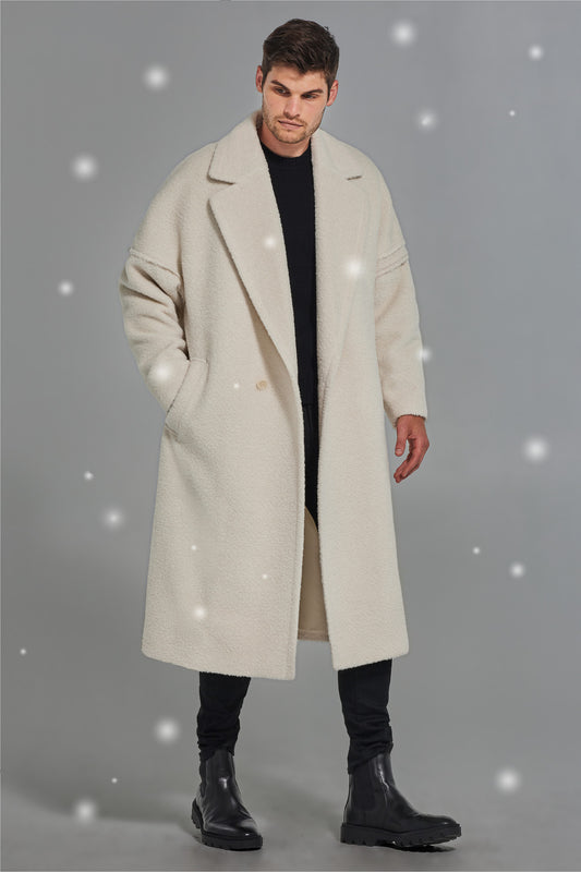 Sentaler Bouclé Alpaca Robe Coat featured in Technical Bouclé Alpaca and available in Ivory. Seen from front with snow effect.