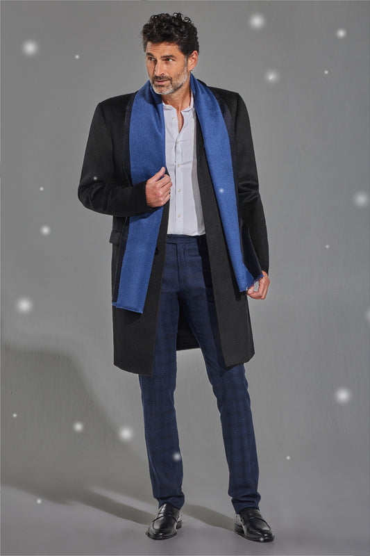 Sentaler Technical Suri Alpaca Notched Lapel Overcoat featured in Technical Suri Alpaca and available in Black. Seen from front with snow effect.