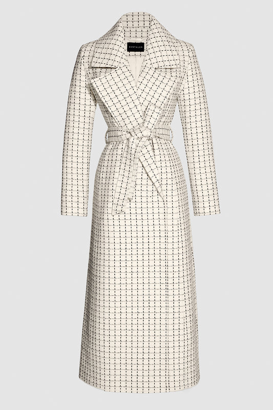 Sentaler Tweed Maxi Notched Collar Wrap Ivory Check Coat in Tweed Baby Alpaca wool. Seen as belted off figure.