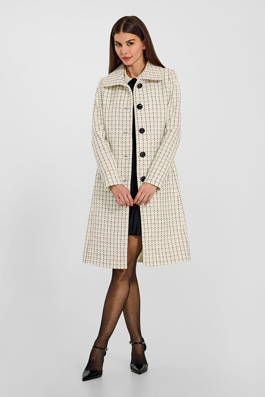 Sentaler Tweed Alpaca A-line Ivory Check Coat in Tweed Baby Alpaca wool. Seen from front open on female model.
