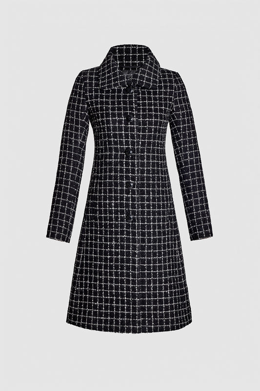 Sentaler Tweed Alpaca A-line Black Check Coat in Tweed Suri Alpaca wool. Seen as off figure.